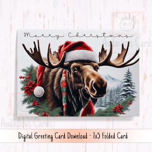 Carte de vacances d’orignal imprimable, orignal de Noël portant un chapeau de Père Noël, carte de Noël d’orignal saisonnier numérique