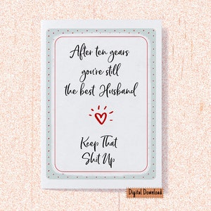 Carte 10e anniversaire imprimable pour lui, carte 10e anniversaire pour mari, carte de voeux 10e anniversaire