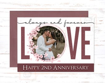 Carte de 2e anniversaire, carte d'anniversaire photo personnalisée pour toujours et pour toujours pour lui ou elle, carte de couple, carte d'anniversaire sentimentale de 2 ans