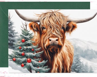 Highland Cow Christmas Card: Holiday Tree Greetings