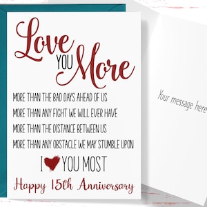 15th Anniversary Card, Love You More 15 Year Anniversary Card, Fifteenth Anniversary Card, For Husband, For Wife