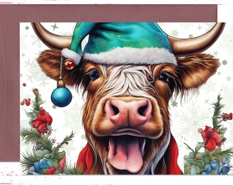 Funny Highland Cow Seasonal Card, Animal Greeting Card, Highland Cows Christmas Trees Card, Holiday Christmas Cards, Merry Christmas