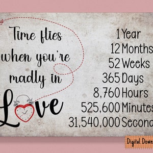 Tarjeta imprimible del 1er aniversario de boda, tarjeta del primer aniversario para parejas, para esposo, para esposa, el tiempo vuela, tarjeta de tiempo de matrimonio