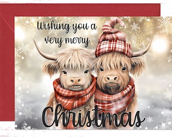 Highland Cows Christmas Card, Family Christmas Greeting Card, Holiday Christmas Cards, Merry Christmas