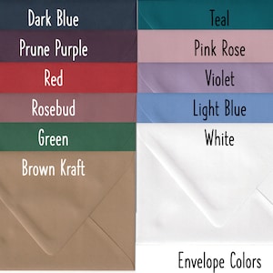 May include: A color chart showing different envelope colors, including dark blue, prune purple, red, rosebud, green, brown kraft, teal, pink rose, violet, light blue, and white. The text "Envelope Colors" is at the bottom of the chart.