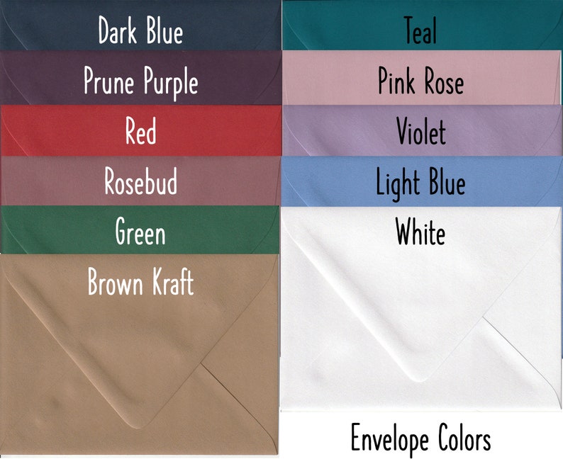 May include: A color chart showing different envelope colors, including dark blue, prune purple, red, rosebud, green, brown kraft, teal, pink rose, violet, light blue, and white. The text "Envelope Colors" is at the bottom of the chart.