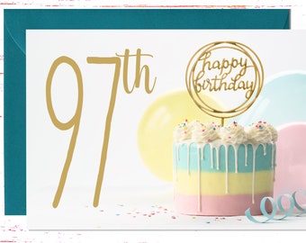 97th Birthday Card: Gold Lettering, Birthday Cake