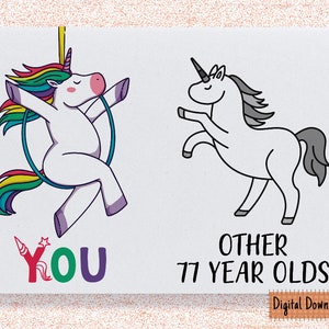 Afdrukbare 77e verjaardagskaart voor haar, Unicorn verjaardagskaart voor 77e verjaardag, leuke kaart voor moeder, oma, Grammy, Gammy, Memaw, Gigi 77