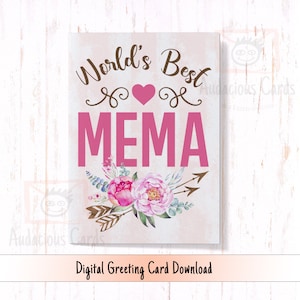 Carte de fête des mères numérique meilleur Mema du monde, carte de voeux imprimable pour la fête des mères, carte d'anniversaire Mema téléchargeable