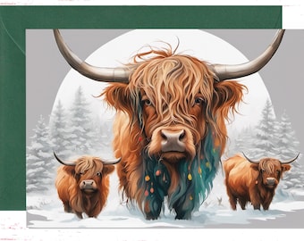 Highland Cow Seasonal Card, Family Christmas Greeting Card, Highland Cows Christmas Card, Holiday Christmas Cards, Merry Christmas