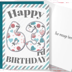 Happy 63rd Birthday Card, Cute Birthday Card for 63 Year Old Birthday, Cute Card for Boys or Girls, Him or Her