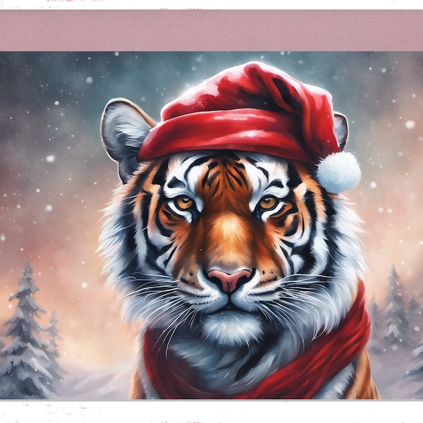 Tiger Seasonal Card, Animal Greeting Card, Holiday Christmas Cards, Tiger Santa Winter Time Card, Tiger Lovers Christmas Card