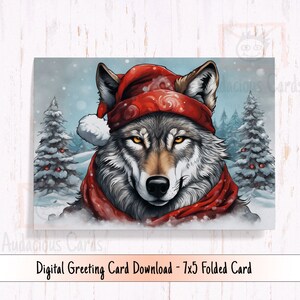Carte de vœux imprimable loup, loup de Noël coiffé d'un bonnet de Noel, carte de Noël numérique loup saisonnier