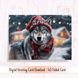 Carte de vacances loup imprimable, loup de Noël portant un chapeau de Père Noël, carte de Noël numérique loup saisonnier