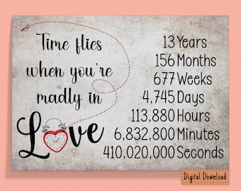 13th Anniversary Card: Time Flies Love Design (Digital Download)