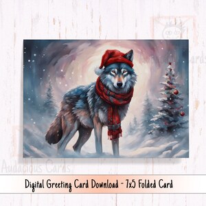 Cartão de férias de lobo para impressão, lobo de Natal usando chapéu de Papai Noel, cartão de Natal sazonal de lobo digital