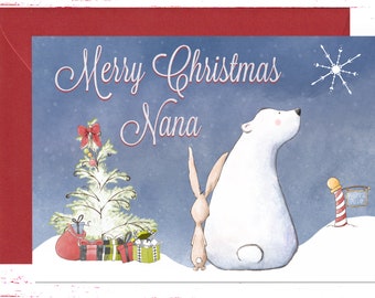 May include: A Christmas card featuring a white polar bear and a bunny rabbit standing in front of a snowy Christmas tree with presents. The card has a blue background with a snowflake in the top right corner and the text "Merry Christmas Nana".