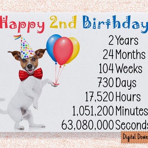 Druckbare süße 2. Geburtstagskarte, Zeitzähler Geburtstagskarte für den 2. Geburtstag, süßer Hund Geburtstag wünscht 2 Jahre alt