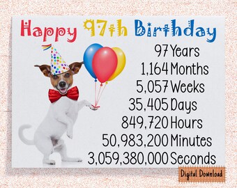 Printable Cute 97th Birthday Card, Time Birthday Card for 97th Birthday, Grandma, Grandpa, Uncle, Aunt, Mom, Dad Cute Dog Birthday Wishes