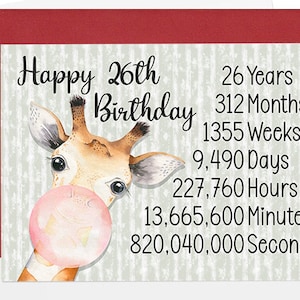 26th Birthday Card, Giraffe Birthday Card for 26th Birthday, Cute Card for Daughter, Girlfriend, Friend, Granddaughter Twenty Six Time Count