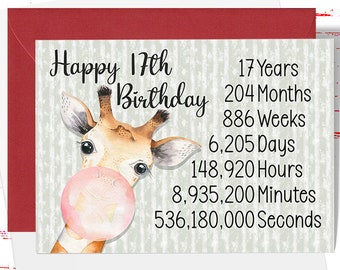 17th Birthday Card for her, 17 Years Months Weeks Days Giraffe Card for 17th Birthday, Cute Card for Daughter, Granddaughter, Friend, Niece