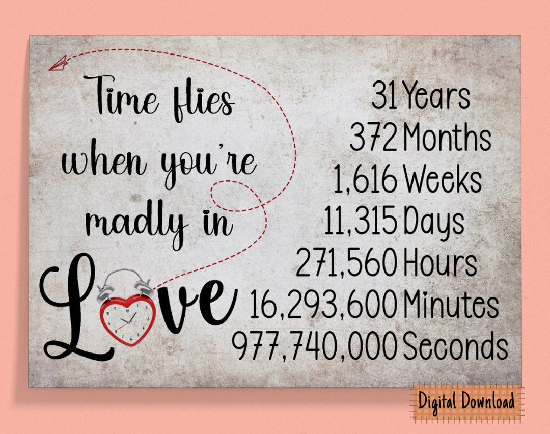 Printable Time Flies 31st Anniversary Card, Anniversary Gift, Thirty