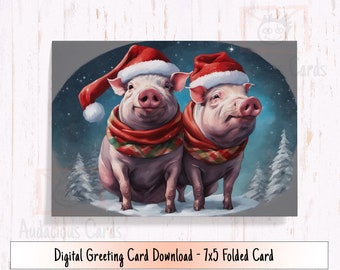 Carte de vœux à imprimer, cochons d'hiver portant des écharpes et des bonnets de père Noël, salutations numériques saisonnières de cochons à ventre plat