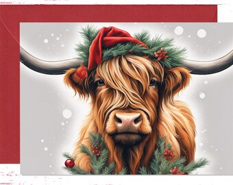 Cute Highland Cow Seasonal Card, Animal Greeting Card, Highland Cows Christmas Trees Card, Holiday Christmas Cards, Merry Christmas