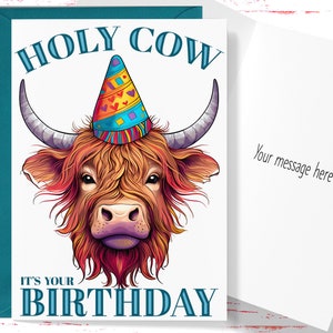 Funny Highland Cow Birthday Card: Holy Cow Pun