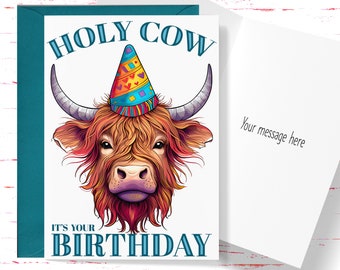Funny Highland Cow Birthday Card: Holy Cow Pun
