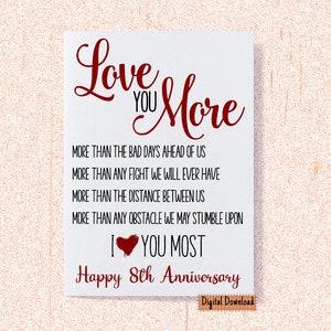 Druckbare digitale Download 8. Hochzeit Jahrestag Karte, Liebe dich mehr 8 Jahre Jahrestag, achte Jahrestag Karte, für Mann, für Frau