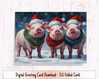 Carte de vœux à imprimer, cochons d'hiver portant des écharpes et des bonnets de père Noël, salutations numériques saisonnières de cochons à ventre plat