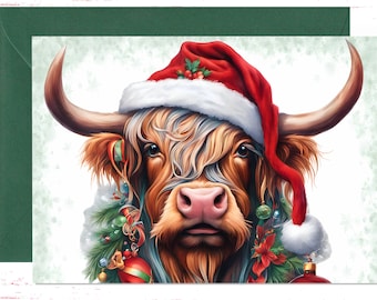 Cute Highland Cow Seasonal Card, Animal Greeting Card, Highland Cows Christmas Trees Card, Holiday Christmas Cards, Merry Christmas