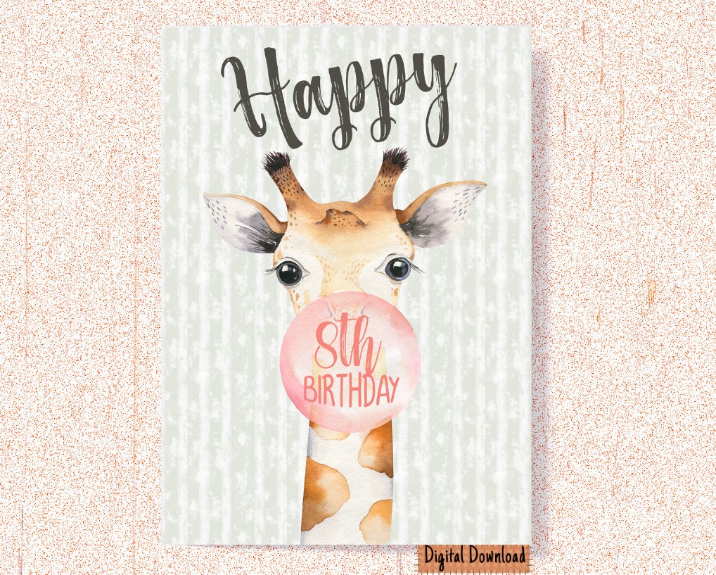 Printable 8th Birthday Card, Cute 8th Birthday Greeting Card, Funny 8th Birthday Card, Giraffe Birthday Card, Cute Card for Kids