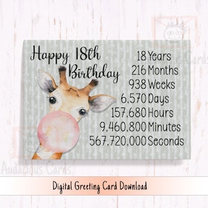 Druckbare 18. Geburtstagskarte für Sie, Time Count Geburtstagskarte für den 18. Geburtstag, Giraffenkarte für Bruder, Tochter, Freundin, 18 Jahre alt