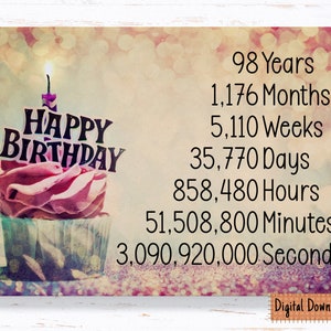 98e carte d'anniversaire imprimable pour elle, le temps compte carte d'anniversaire pour 98e anniversaire, grand-mère, grand-père, oncle, tante