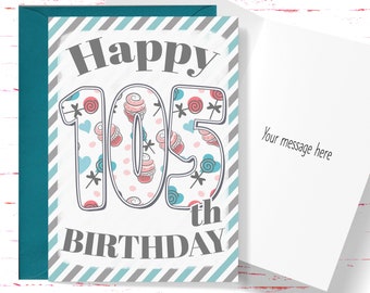 Happy 105th Birthday Card, Cute Birthday Card for 105 Year Old Birthday, Cute Card for Boys or Girls, Him or Her