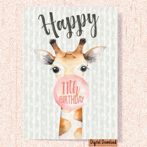 Afdrukbare 11e verjaardagskaart, schattige 11e verjaardag wenskaart, grappige 11e verjaardagskaart, Giraffe verjaardagskaart, leuke kaart voor kinderen