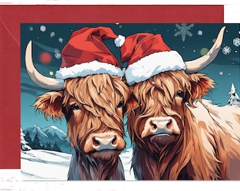 Funny Highland Cow Seasonal Card, Animal Greeting Card, Highland Cows Christmas Card, Holiday Christmas Cards, Merry Christmas