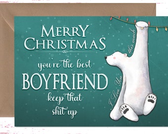 Christmas Card for Boyfriend, Vintage Style Christmas Card Merry Christmas Boyfriend, Polar Bear I Love You This Much Funny Card