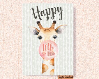 Printable 10th Birthday Card, Cute 10th Birthday Greeting Card, Funny 10th Birthday Card, Giraffe Birthday Card, Cute Card for Kids