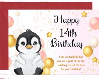 14th Birthday Card, Cute 14th Birthday Greeting Card, Funny 14 Year Birthday Card, Penguin Birthday Card, Card for Kids, For Her, For Him