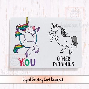 Druckbare Einhorn-Karte für Mamaw, digital herunterladbare Geburtstagskarte für Mamaw, Großeltern-Tageskarte, Muttertagskarte