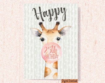 Druckbare 25. Geburtstagskarte, Giraffe Geburtstagskarte zum 25. Geburtstag, süße Karte für Tochter, Freundin, Freundin, Enkelin Twenty Five