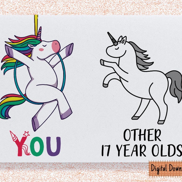 Printable 17th Birthday Card for her, Unicorn Birthday Card for 17th Birthday, Cute Card for Daughter, Granddaughter, Friend, Niece