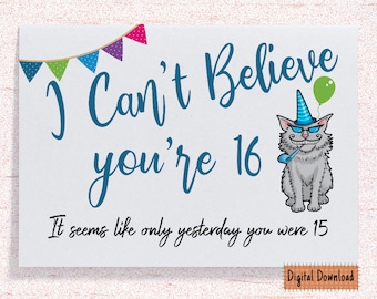 Tarjeta de cumpleaños número 16 divertida imprimible para ella, tarjeta de cumpleaños sarcástica para el cumpleaños número 16, tarjeta linda para hijo, hermano, hija, sobrina, nieto