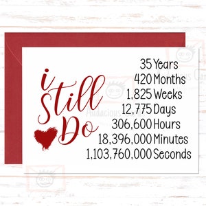 May include: A red heart with a white background and the text "i still do" in red cursive font. Below the text is a list of time measurements in years, months, weeks, days, hours, minutes, and seconds.