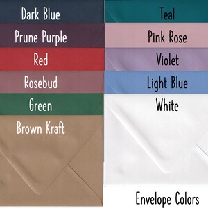 May include: A collection of envelopes in various colors, including dark blue, prune purple, red, rosebud, green, brown kraft, teal, pink rose, violet, light blue, and white. The text "Envelope Colors" is displayed at the bottom.