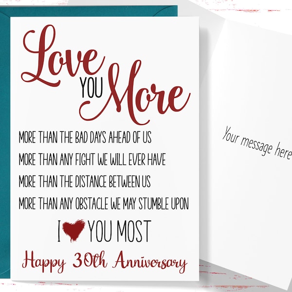 30th Anniversary Card, Love You More 30 Year Anniversary Card, Thirtieth Anniversary Card, For Husband, For Wife