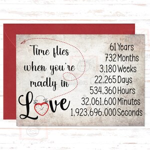 May include: A vintage-style card with a red alarm clock heart and the text "Time flies when you're madly in Love" with a list of time units in years, months, weeks, days, hours, minutes, and seconds.